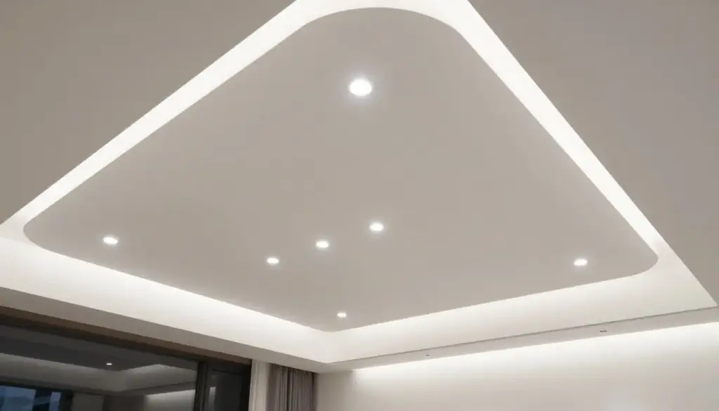 Abgehängte Decke mit integrierten LED-Einbaustrahlern in modernem Wohnzimmer