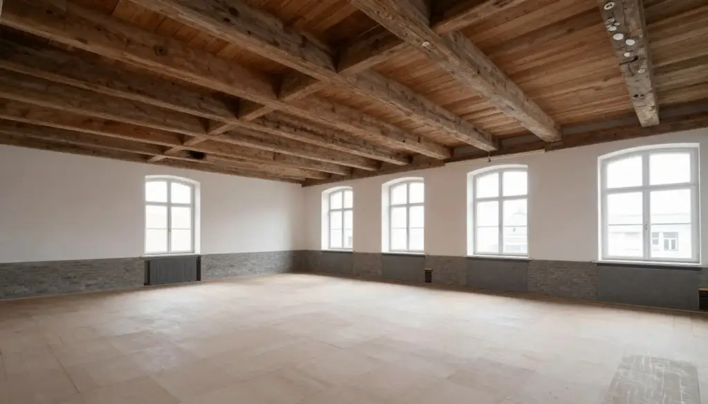 Altbau in Bremerhaven mit Holzbalkendecke wird für Bodenverlegung vorbereitet
