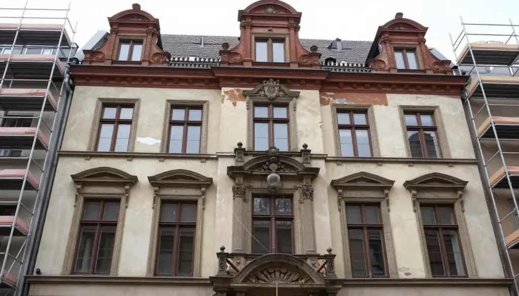 Altbausanierung Fassade Hamburg: Historische Fassade während Sanierungsarbeiten mit teilweise erneuerten Putzflächen
