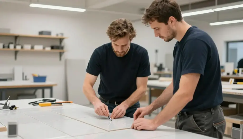 Auszubildender Fliesenleger bei der Arbeit unter Anleitung eines Meisters