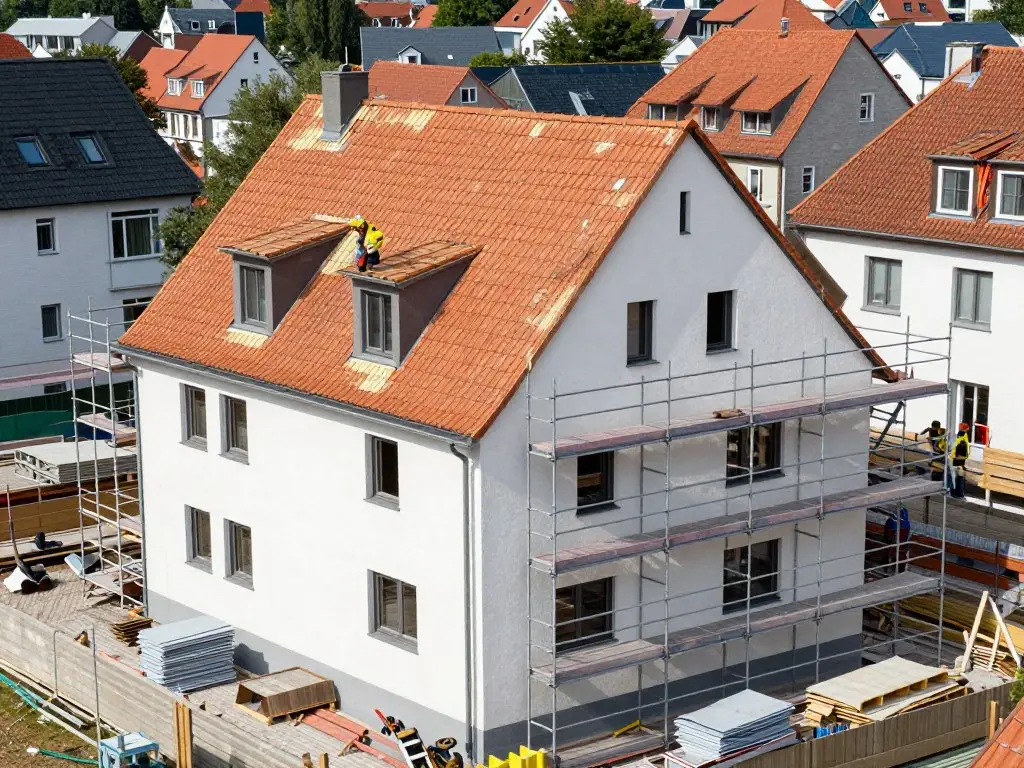 Baustelle zeigt Sanierungsarbeiten an Dach und Fassade eines Wohnhauses in Oldenburg