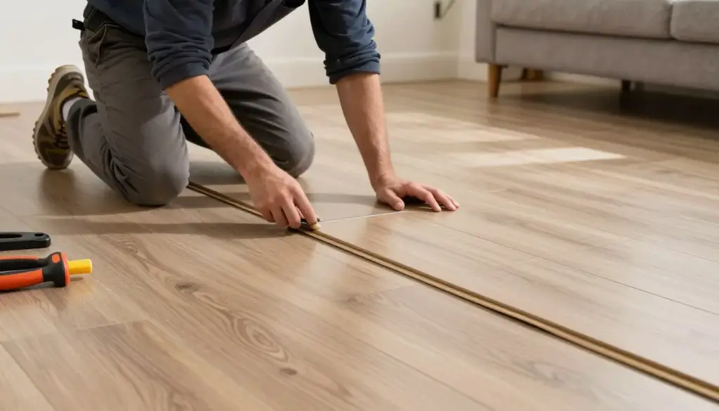 Bodenleger installiert Vinylboden in Wohnzimmer, präzise Verlegung mit modernen Werkzeugen