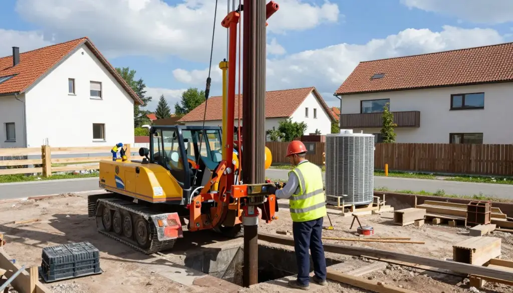 Bohrgerät für Erdwärmesonde bei Wärmepumpen-Installation in Weyhe