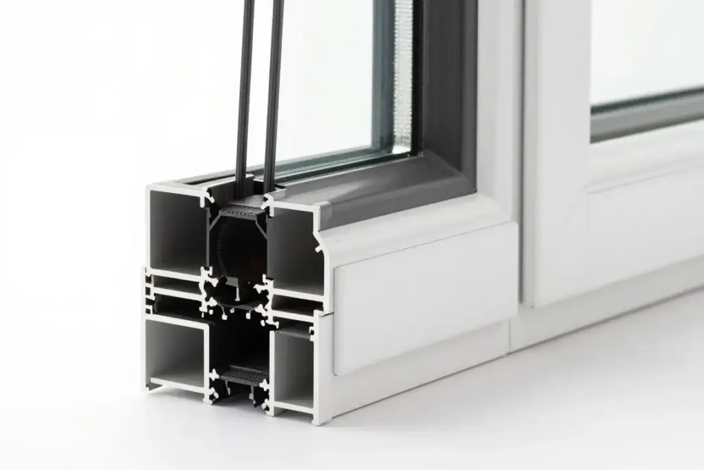 Detailansicht Fensterprofil mit Mehrfachverglasung und Qualitätsbeschlägen für Fenstertausch