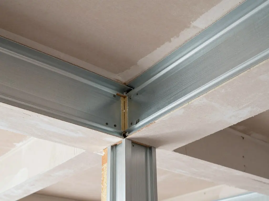 Detailansicht Trockenbaumontage mit Metallprofilen und Gipskarton