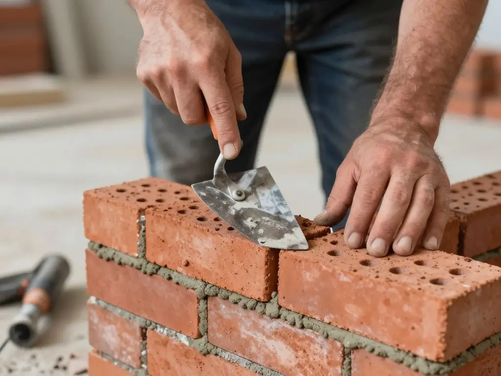 Detailaufnahme Maurer Arbeit mit präzisen Mörtelfugen