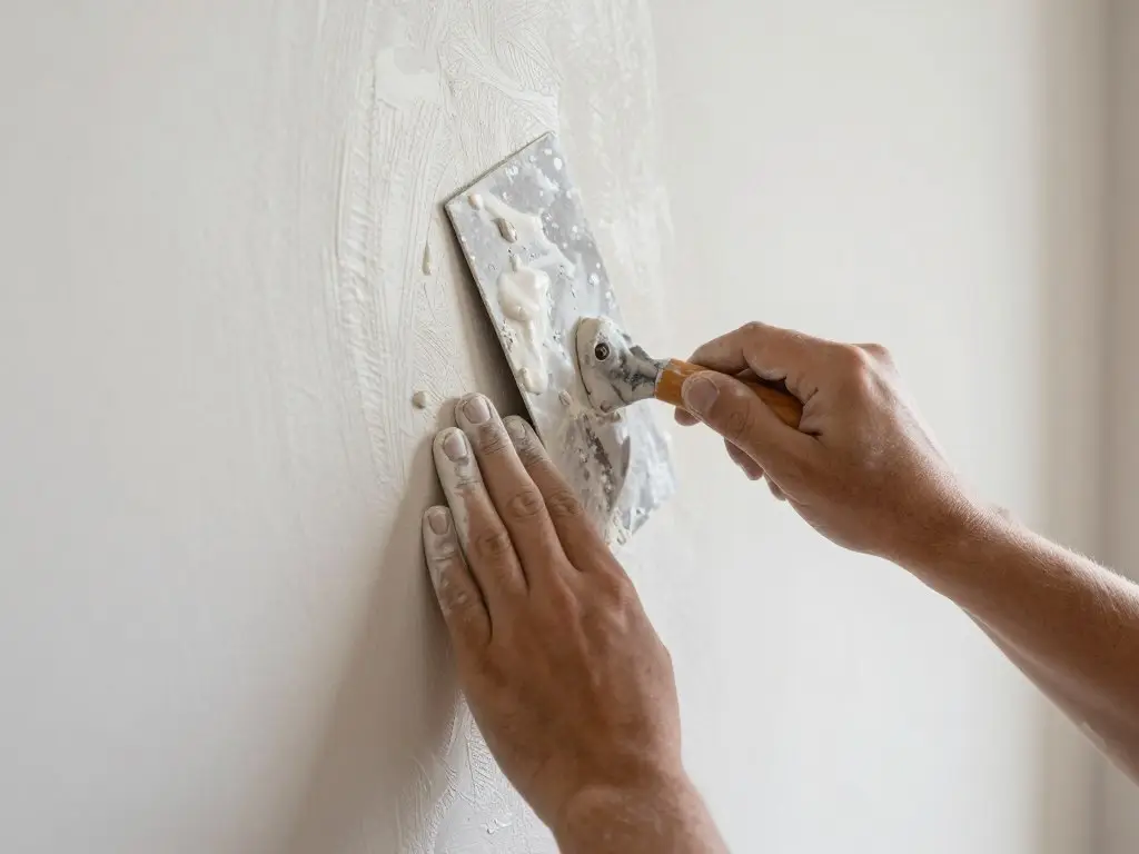 Detailaufnahme Verputzer beim Auftragen von Gipsputz an Innenwand