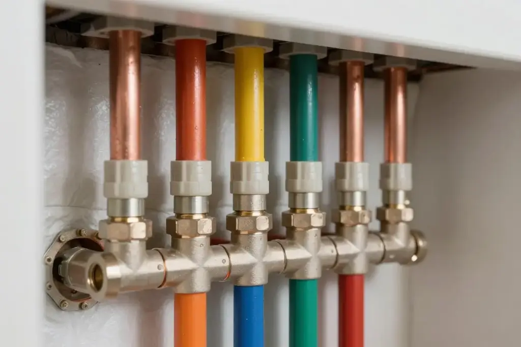 Detailaufnahme moderner Heizungsrohrleitungen mit professioneller Installation