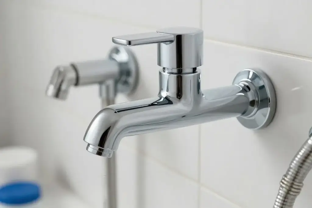 Detailaufnahme moderner Sanitärarmaturen und Installationsmaterialien