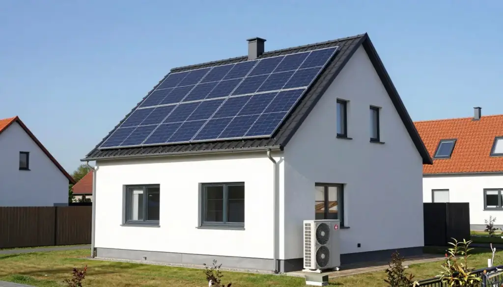 Einfamilienhaus mit Photovoltaikanlage auf Dach und Wärmepumpe kombiniert