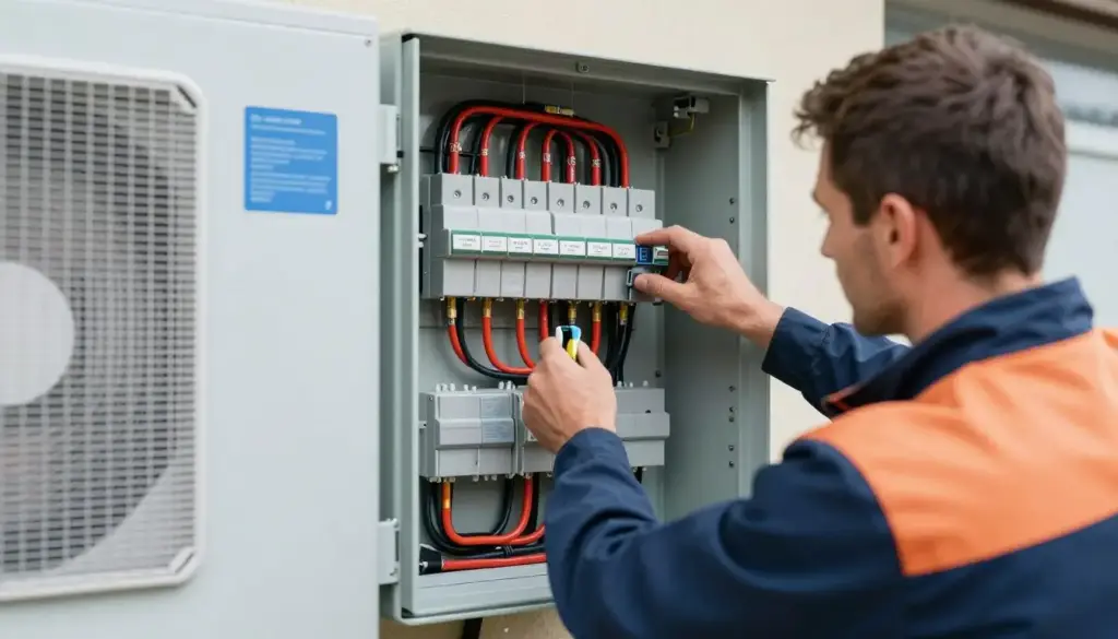 Elektriker installiert Stromkreis für Wärmepumpe im Zählerschrank
