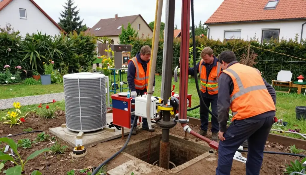 Erdsondenbohrung für Sole-Wasser-Wärmepumpe im Garten eines Wohnhauses