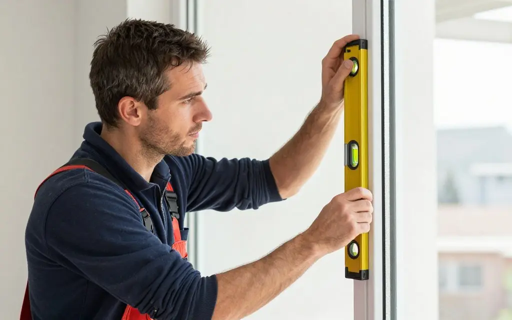 Fensterbauer beim präzisen Ausrichten mit Wasserwaage