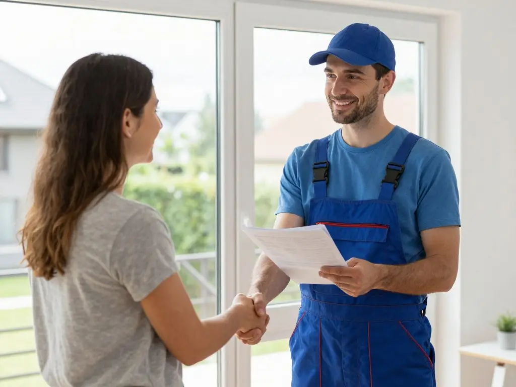 Fensterbauer übergibt Unterlagen und Pflegeanleitung an Hausbesitzer