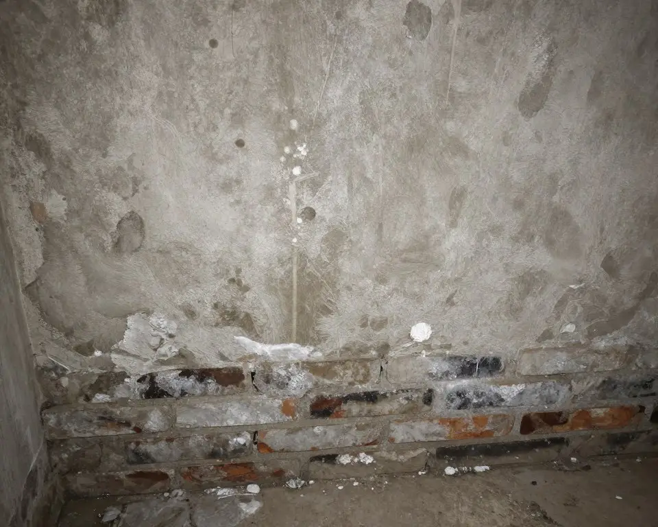 Feuchtigkeitsschäden an Kellerwand vor Sanierung