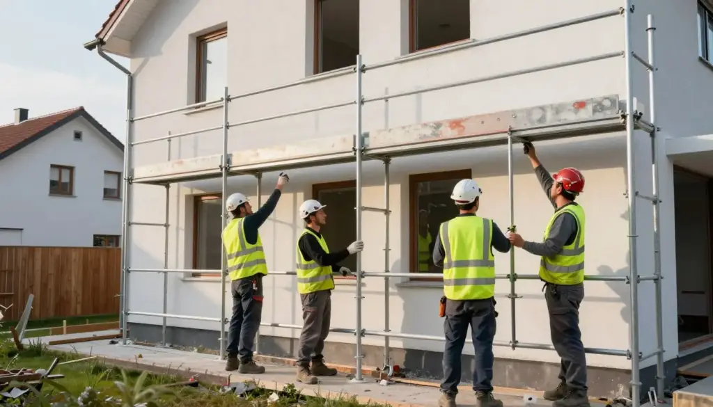 Handwerker Team beim Aufbau Baustellengerüst für Fassadenputz Arbeiten in Stuhr
