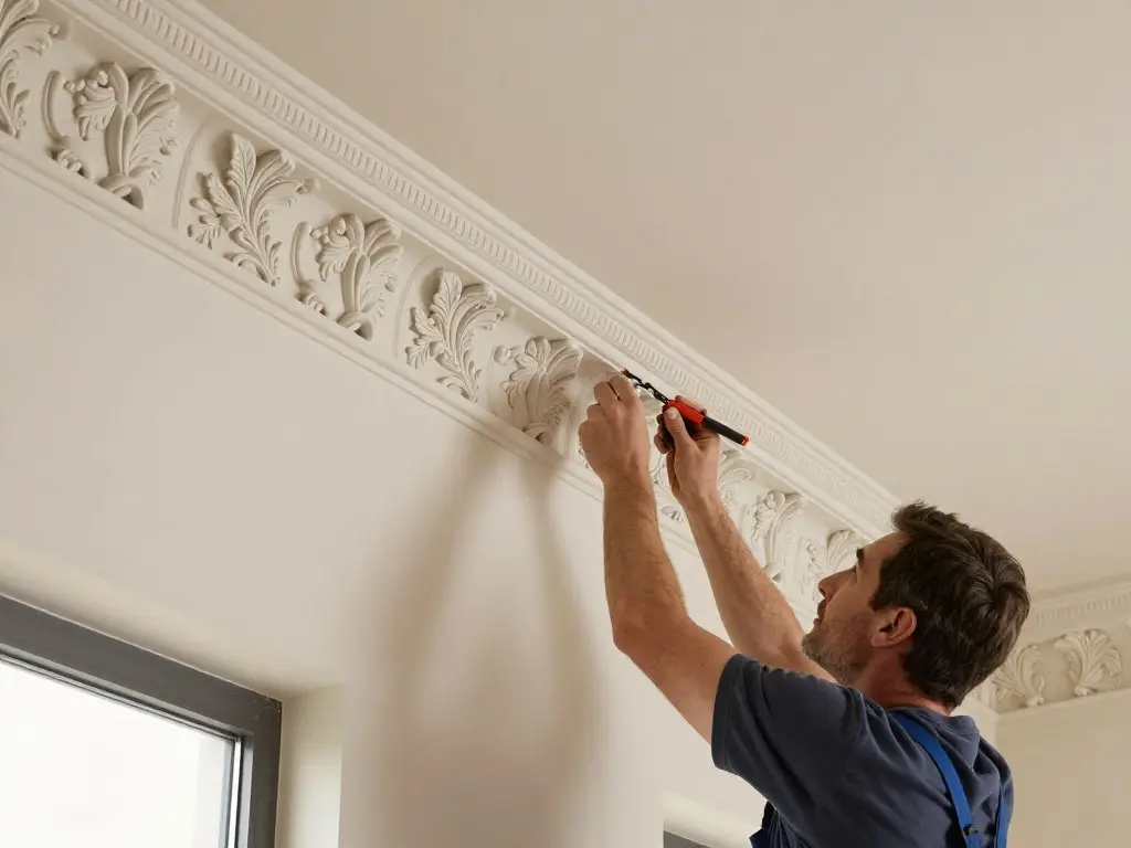 Handwerker beim Anbringen von Stuckprofilen an Decke, Detailarbeit, Restaurierung