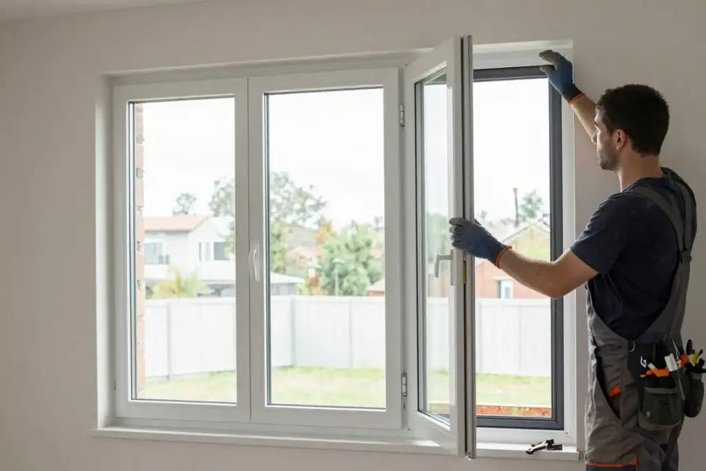 Handwerker installiert moderne Dreifachverglasung während einer energetischen Sanierung