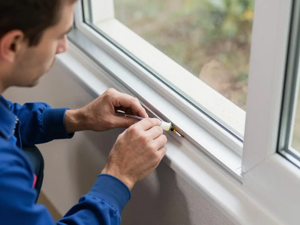 Handwerker montiert Aluminium-Fensterbank außen mit korrektem Gefälle
