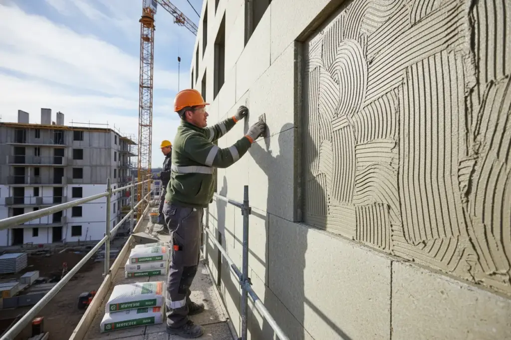 Handwerker montiert Dämmplatten an Außenfassade