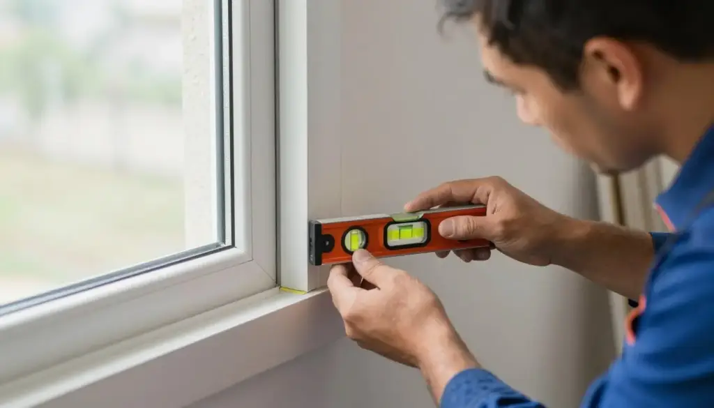 Handwerker prüft Fensterausrichtung mit Wasserwaage