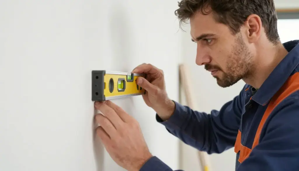 Handwerker prüft Qualität der Arbeiten mit Wasserwaage