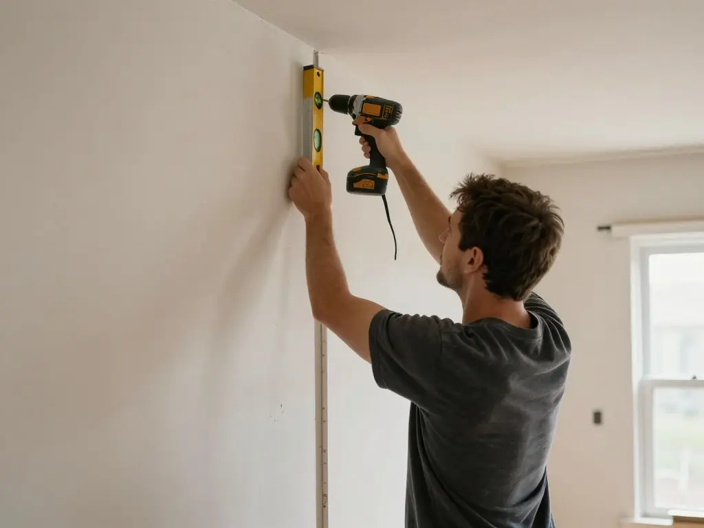 Heimwerker beim Einbau einer kleinen Trockenbauwand mit Wasserwaage