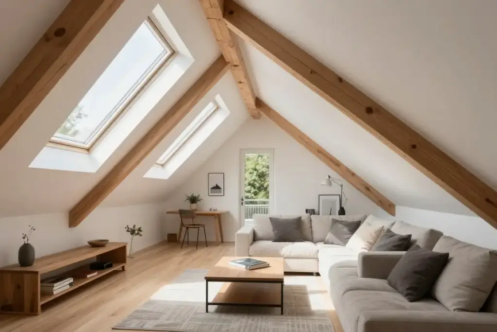 Heller Dachraum in Hamburg mit optimal platzierten Dachfenstern und natürlichem Lichteinfall