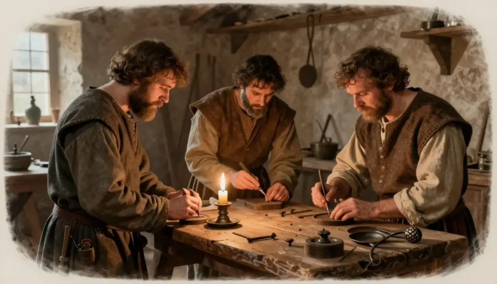 Historische Handwerker bei der Arbeit im Mittelalter