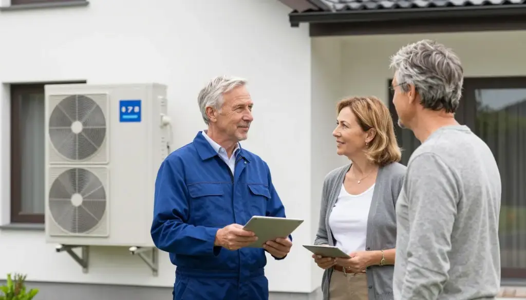 Installateur berät Hausbesitzer vor moderner Wärmepumpenanlage in Hude