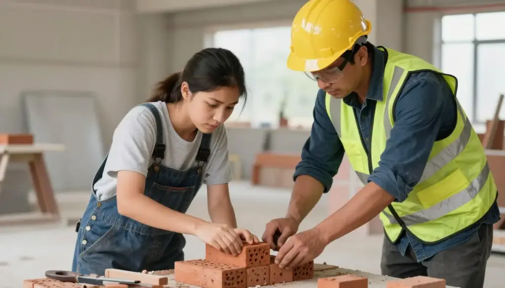 Junge Auszubildende Maurerin bei der Arbeit mit Ausbilder auf Baustelle