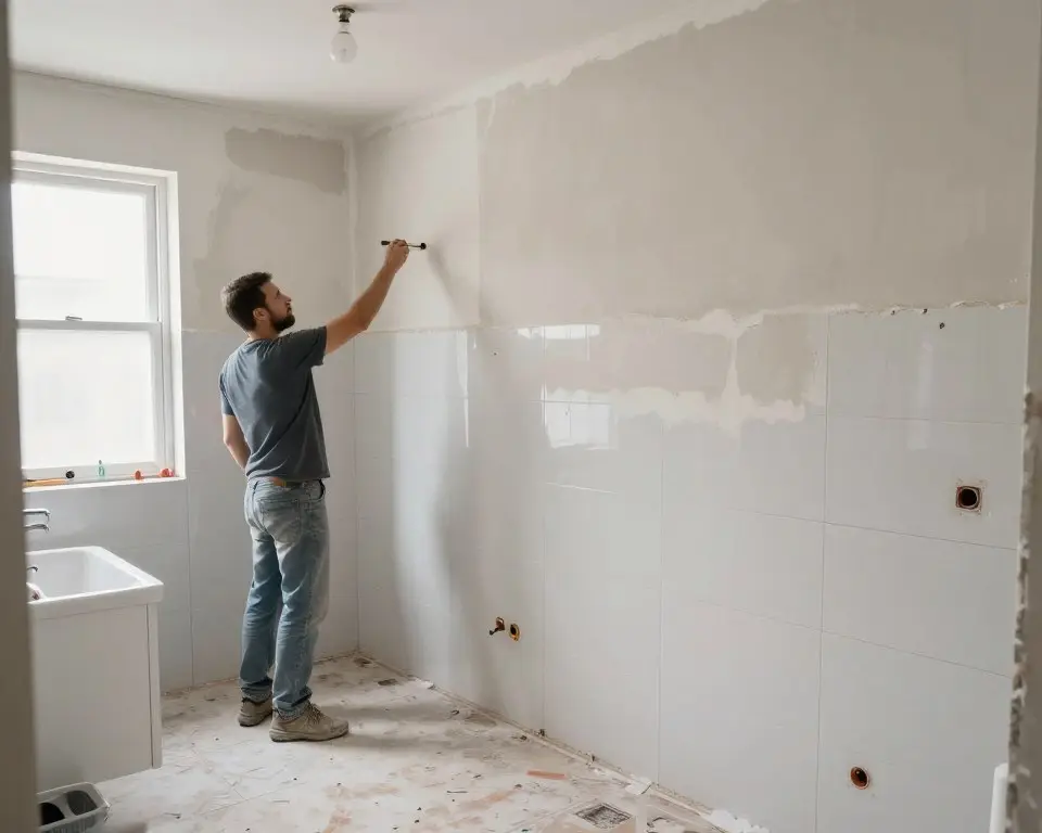 Kombination Verputzer Fliesenleger Maler bei Badezimmer Renovierung