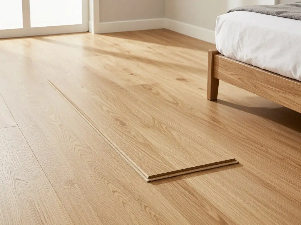 Laminatboden in Eichenoptik verlegt im Schlafzimmer, Click-System sichtbar