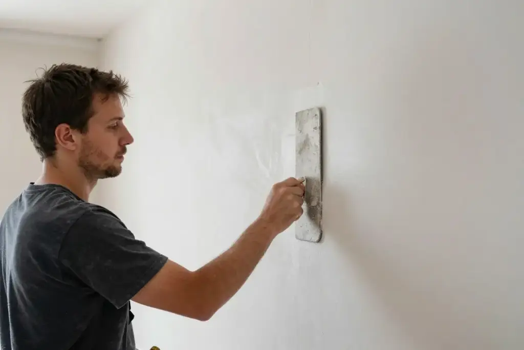 Maurer bei Putzarbeiten an Innenwand