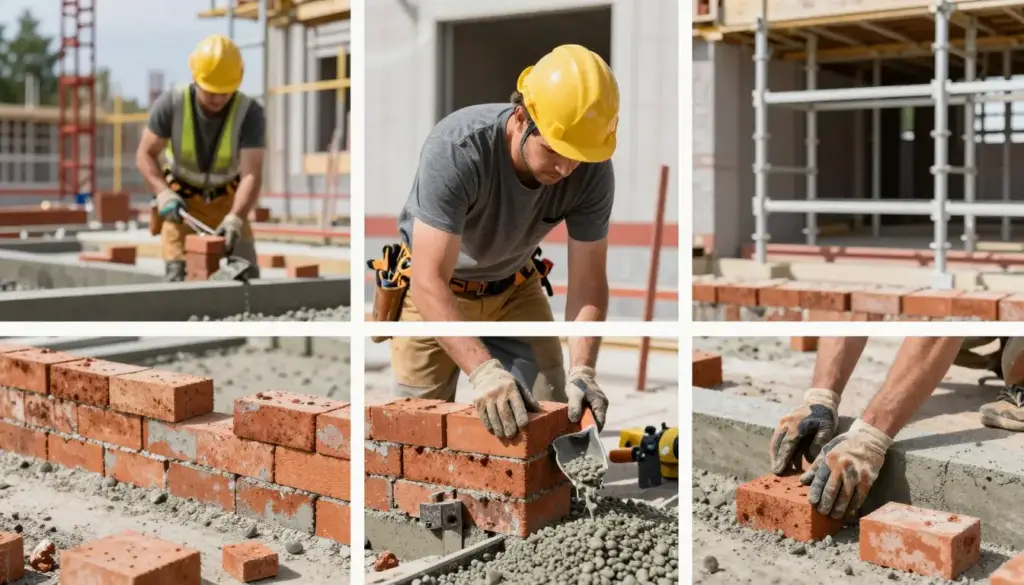 Maurer bei verschiedenen Tätigkeiten auf einer Baustelle in Hamburg