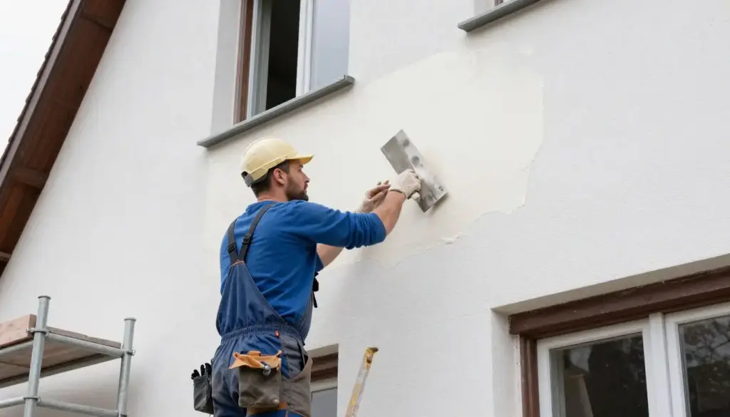 Maurer beim Auftragen von Außenputz an Fassade