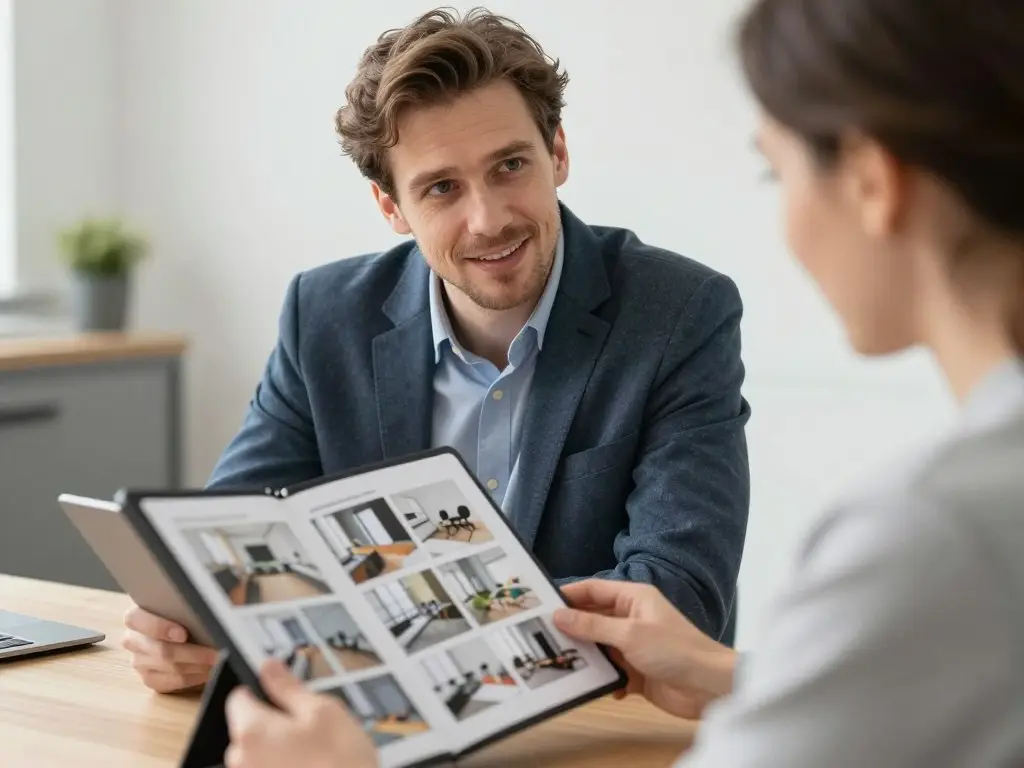 Maurer zeigt einem Kunden Referenzfotos früherer Projekte