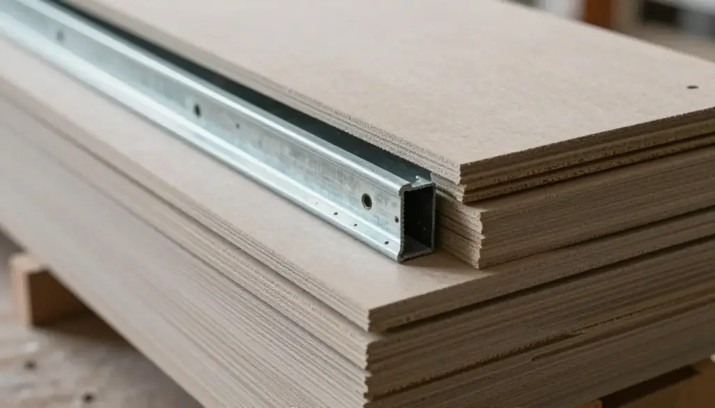 Metallständerwerk und Gipskartonplatten für Trockenbau bereit zur Montage