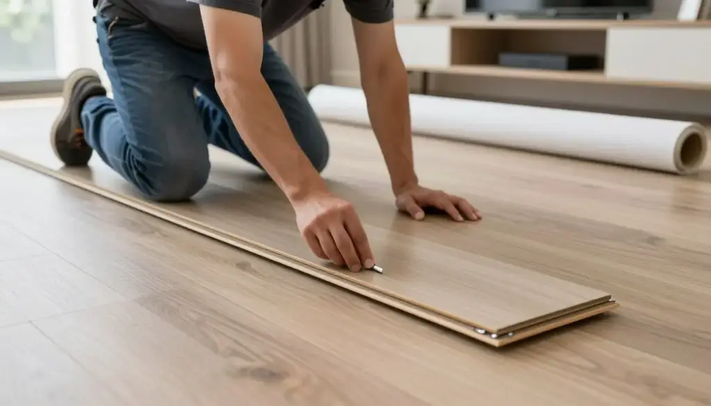 Moderne Bodenverlegung mit Vinylboden in Wohnzimmer durch erfahrenen Bodenleger