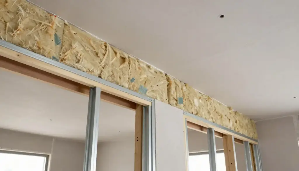 Moderne Trockenbaukonstruktion mit Gipskartonplatten und Dämmung