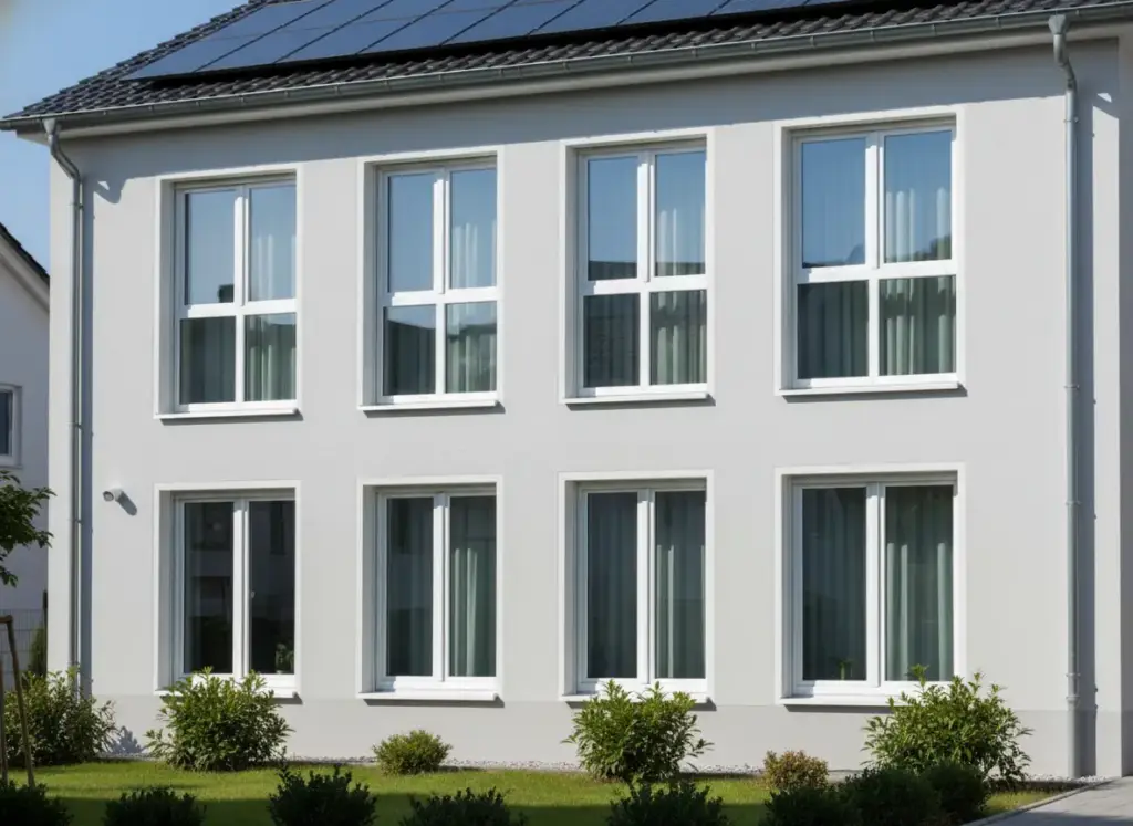 Moderne weiße Kunststofffenster mit Mehrfachverglasung in zeitgenössischem Wohnhaus