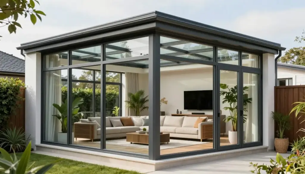 Moderner Wintergarten mit großflächigen Fenstern und Aluminiumkonstruktion