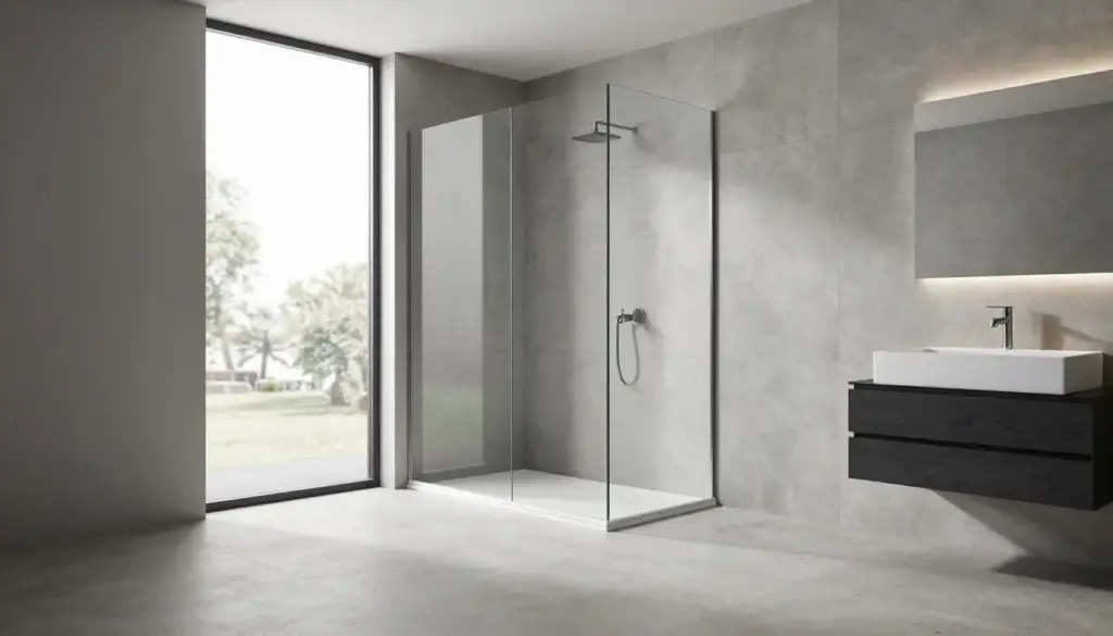 Modernes Badezimmer mit großformatigen Fliesen in Betonoptik und bodenebener Dusche