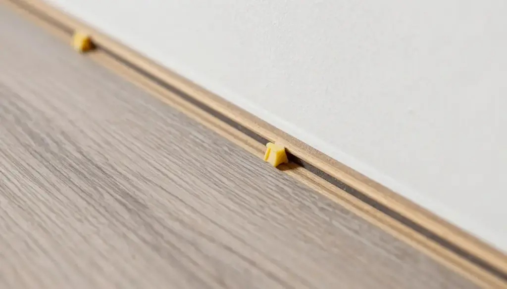 Nahaufnahme Dehnungsfuge zwischen Laminatboden und Wand mit Abstandhaltern