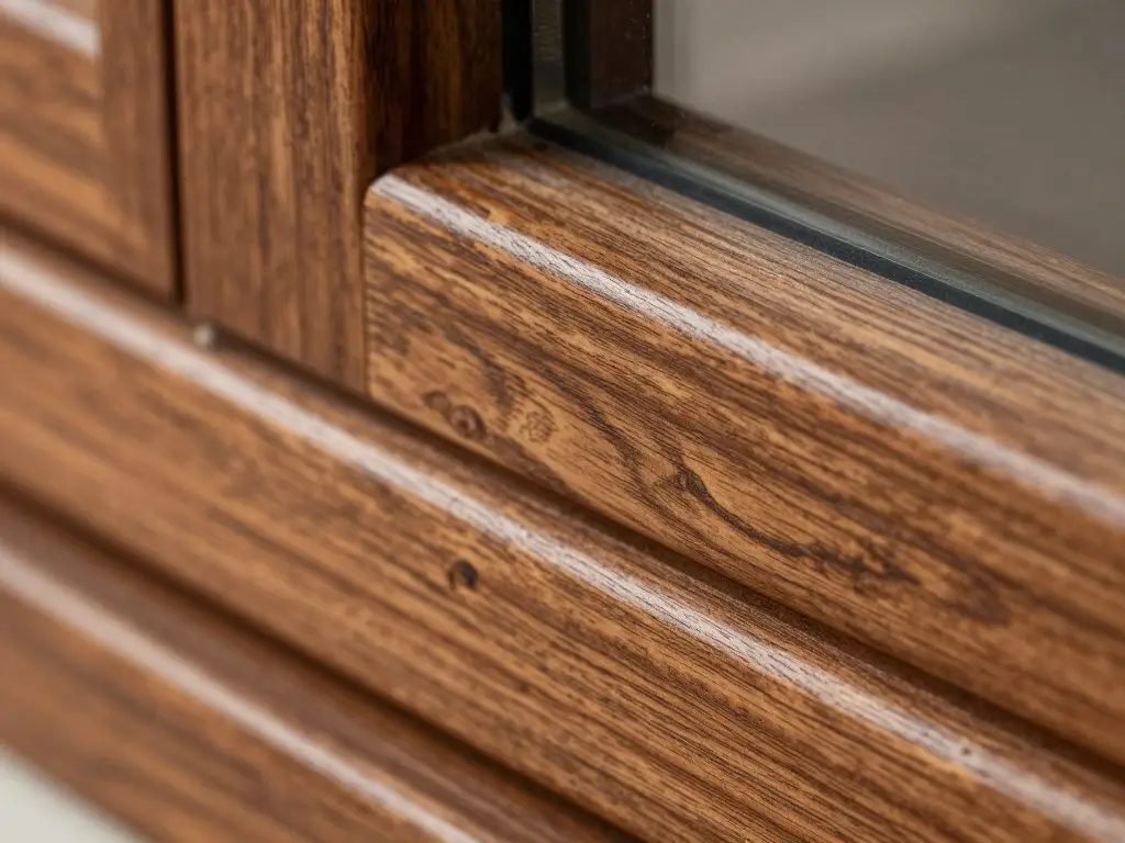 Nahaufnahme: Holzmaserung an einem Fensterrahmen