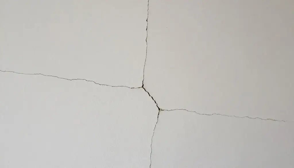 Nahaufnahme eines Risses in verputzter Wand, Beispiel für mangelhaft ausgeführte Arbeit