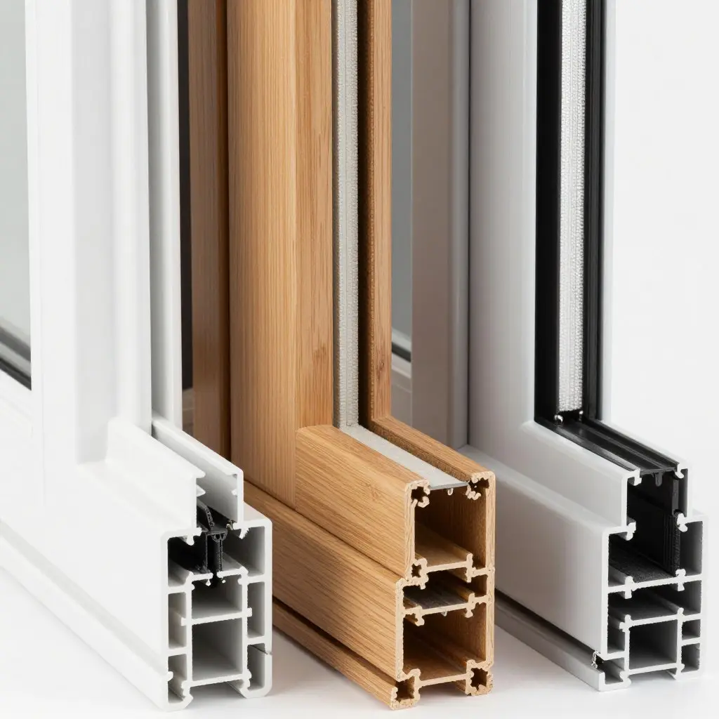 Nahaufnahme verschiedener Fensterrahmen-Materialien: Kunststoff, Holz und Aluminium im Vergleich