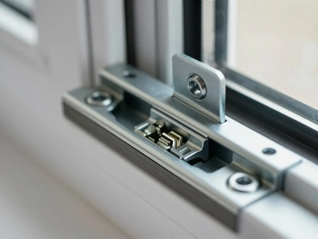 Nahaufnahme von hochwertigen Fensterbeschlägen und Verriegelungsmechanismen