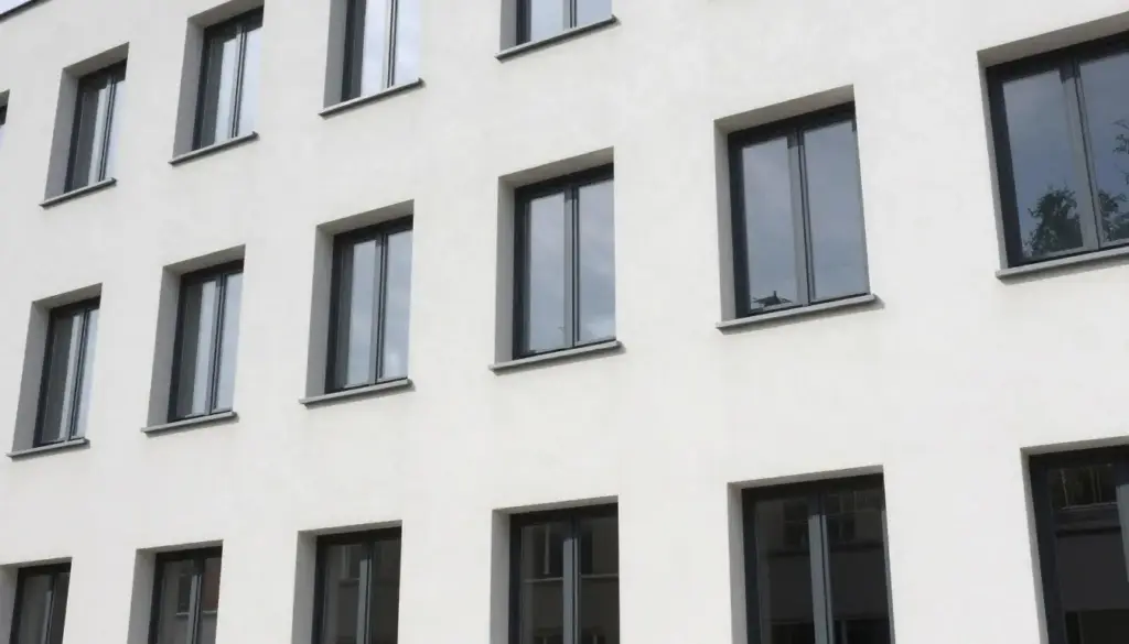 Perfekt verputzte und gestrichene Fassade eines modernen Gebäudes, saubere Ausführung