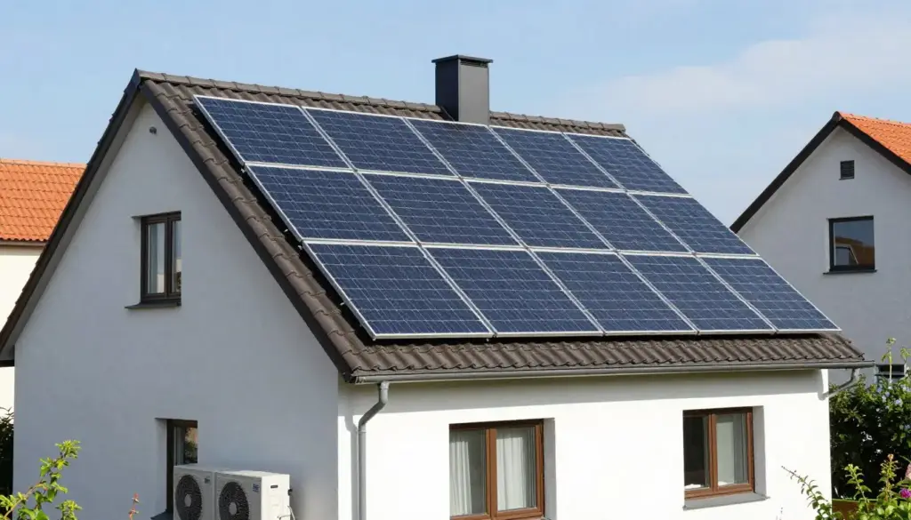 Photovoltaikanlage auf einem Hausdach in Kombination mit Wärmepumpe